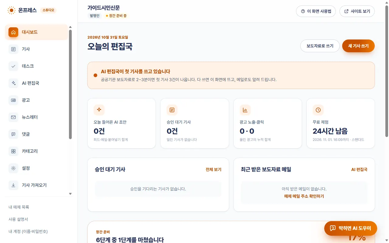 스튜디오 대시보드. AI 편집국이 첫 기사를 쓰고 있다는 안내와 오늘 들어온 AI 초안, 승인 대기 기사, 무료 체험 남은 시간.